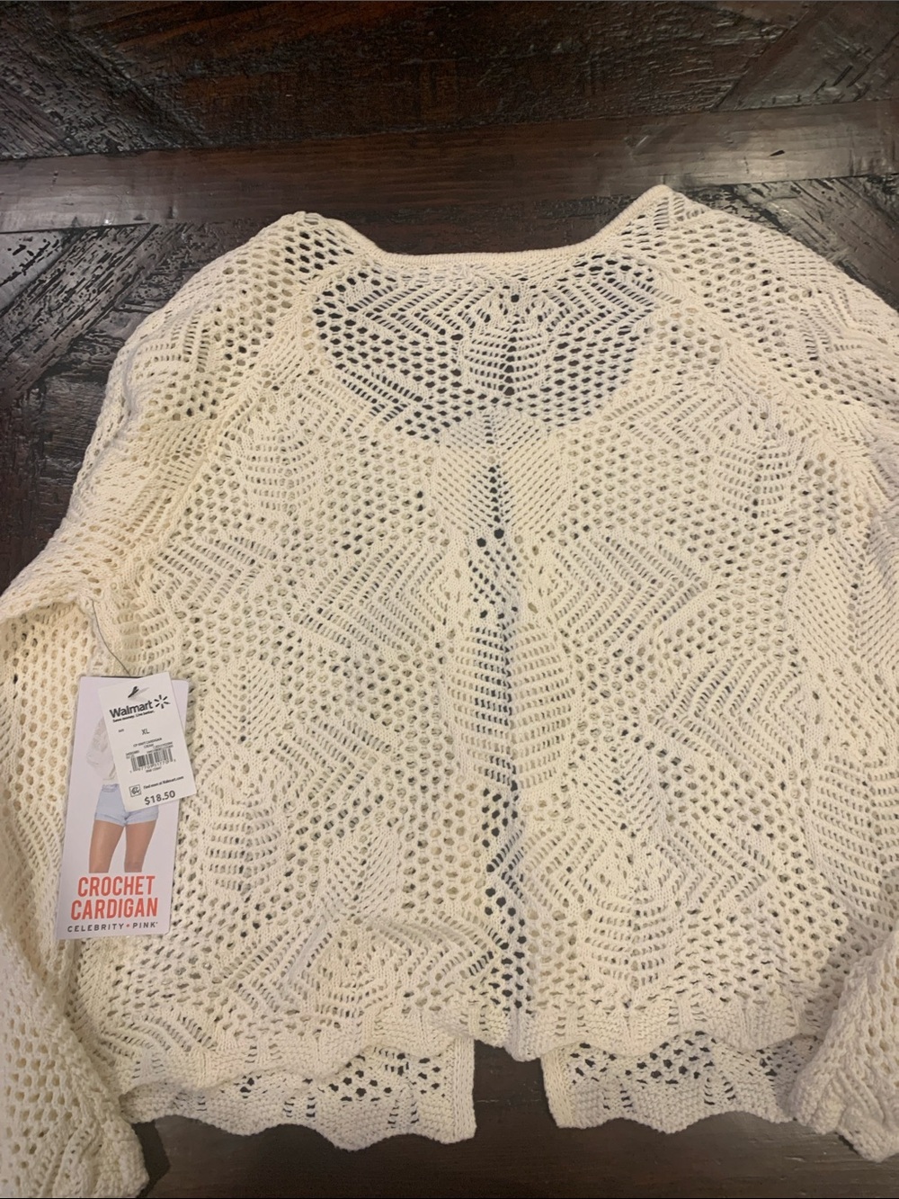 Celebrity Pink Open Crochet Tie-Front Cardigan in Cream - Picture 4 of 5